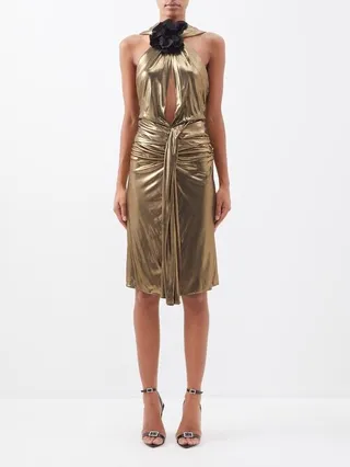Floral-appliqué Ruched Lamé Dress