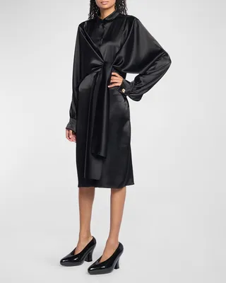 Knotted-Front Satin Midi Shirtdress