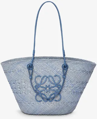 Womens Denim Blue x Paula’s Ibiza Anagram-embroidered Iraca Palm and Leather Basket bag