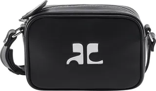 Leather shoulder bag with frontal logo