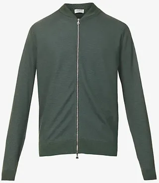 Mens Highland Green Grey Baseball-collar Wool Bomber Jacket