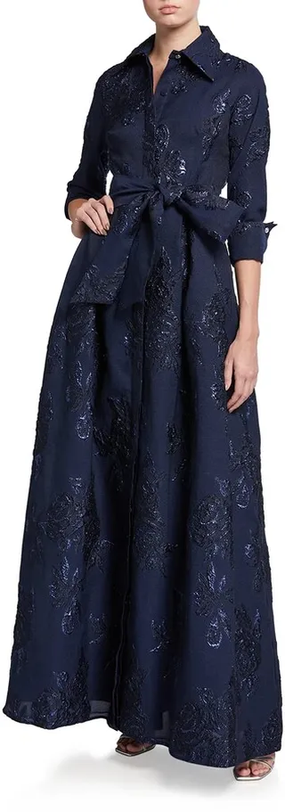 Belted Jacquard Shirtdress Gown