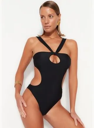 Black Strapless Cut Out/Windowed High Leg Swimsuit TBESS23MA00031