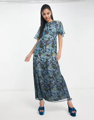 ASOS DESIGN angel sleeve midi tea dress in floral dip dye print