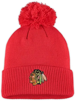 Men's Red Chicago Blackhawks Primary Logo Cuffed Knit Hat with Pom