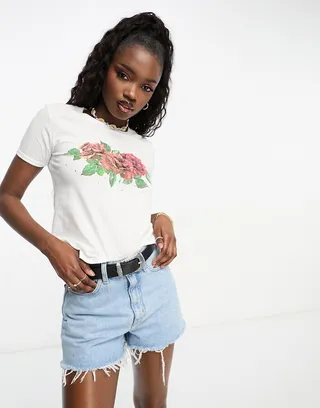 Miss Selfridge short sleeve T-shirt with hot fix rose print in white
