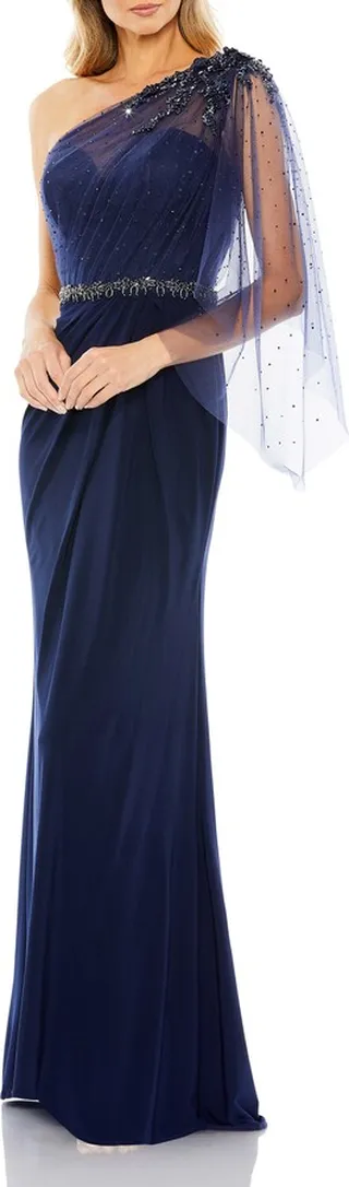 Beaded One-Shoulder Column Gown