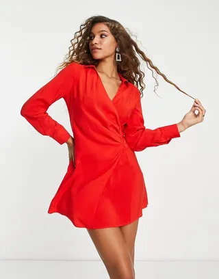 Only wrap mini shirt dress in bright red
