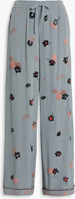 Embellished silk-crepe wide-leg pants