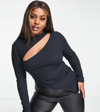 ASOS DESIGN Curve long sleeve cut out top with asymmetric hem in black
