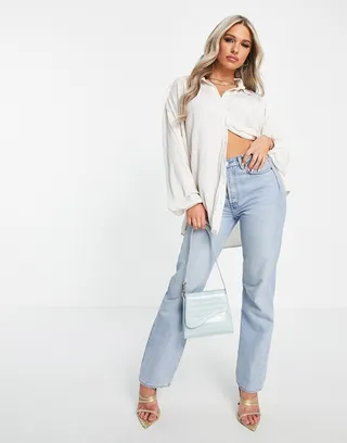 ASOS DESIGN oversized plisse shirt in cream