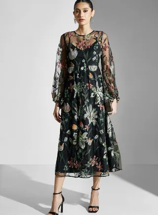 Embellished Mesh Tiered Dress