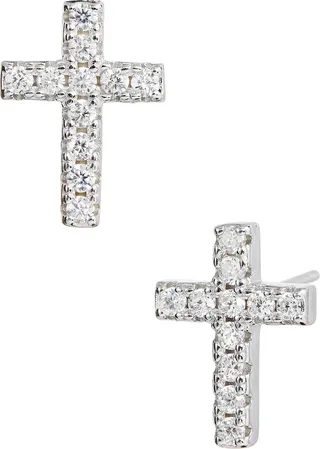 Sterling Silver CZ Cross Stud Earrings