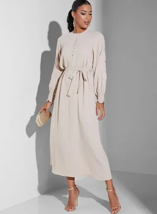 Embroidered Sleeve Belted Dress