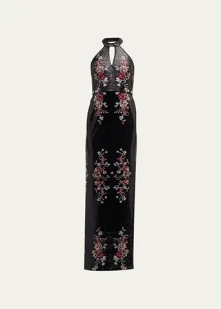 Floral-Embroidered Cutout Sequin Halter Gown