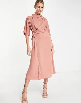 ASOS DESIGN cowl neck midi dress with wrap skirt in terracotta