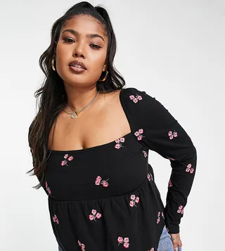 ASOS DESIGN Curve square neck top with red floral embroidery in black