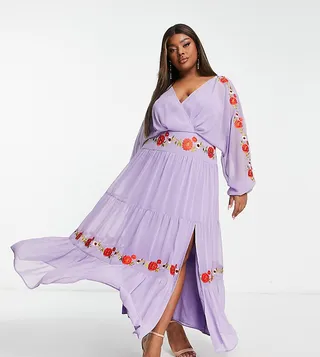 ASOS DESIGN Curve v neck batwing chiffon maxi dress with embroidery detail in lilac