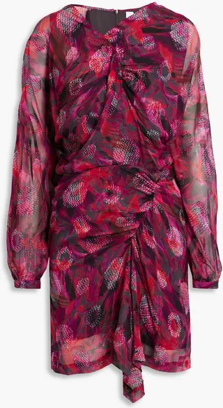 Paolina ruched printed fil coupé silk-blend chiffon mini dress