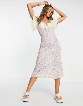 ASOS DESIGN flutter sleeve tie front midi tea dress in crochet and ditsy print