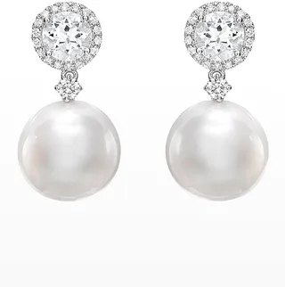 White Topaz and Diamond Pearl Drop Earrings in White Gold