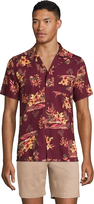 Lands' End Men's Traditional Fit Short Sleeve Camp Collar Hawaiian Shirt - Small - Rich Burgundy Tropical Scenic