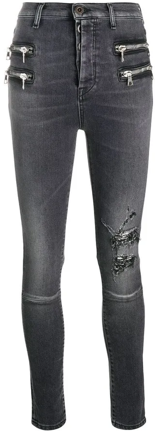 Distressed-Effect Zip-Detail Denim Jeans