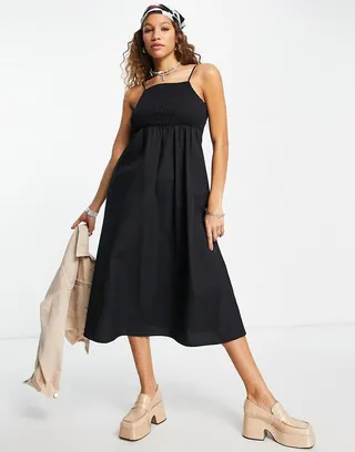 Topshop poplin shirred strappy midi dress in black
