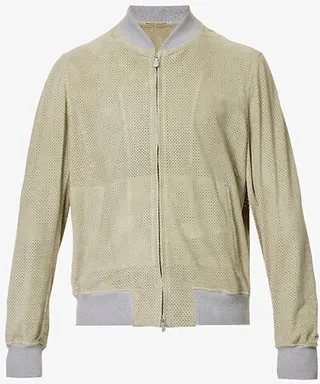 Mens Military Green Perforated Suede-texture Leather Bomber Jacket