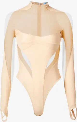 Womens Beige Nude Turtleneck Mesh-panel Stretch-woven Bodysuit