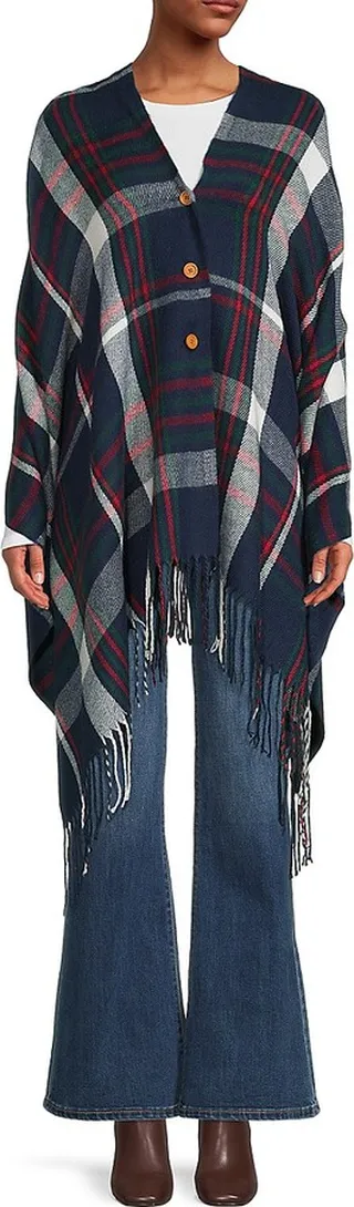 Plaid Button Front Poncho