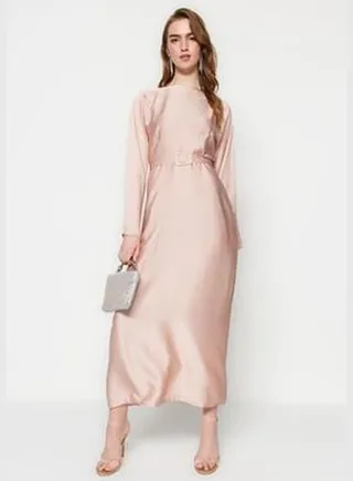 Light Pink Belted Satin Evening Dress