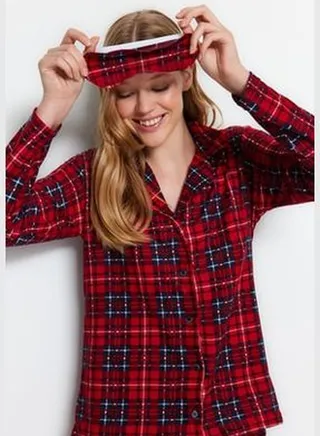 Red Soft Feel Premium Plaid Sleep Band Knitted Pajamas Set THMAW24PT00100