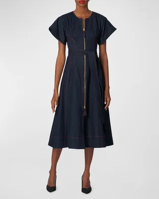 Short-Sleeve Zip-Front Belted Midi Denim Dress