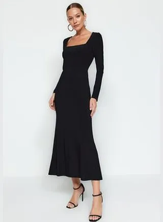 Black Ruffles Square Neckline Fitted/Slipped Maxi Stretch Knit Dress