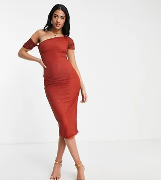 ASOS DESIGN Tall fallen shoulder ruched textured mesh midi dress in burnt henna
