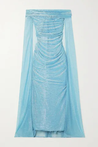 Talbot Runhof - Cape-effect Sequin-embellished Metallic Voile Gown - Blue