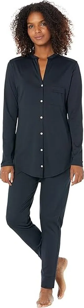 Hanro Pure Essence Long Sleeve Pajama Set (Black) Women's Pajama Sets