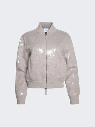Sequinned Cashmere Cotton Blend Bomber Jacket Beige Melange