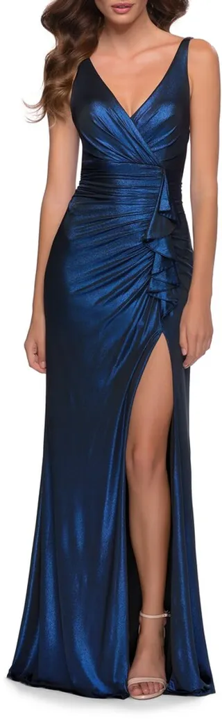 Metallic Ruffle Jersey Gown