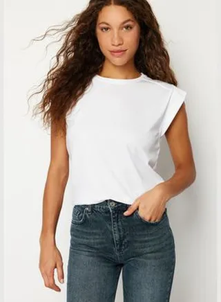 White Rib Detail Moon Sleeve Basic Knitted T-Shirt TWOSS24TS00008