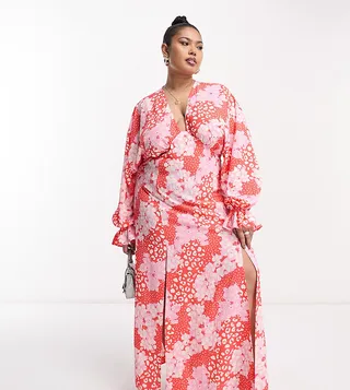ASOS DESIGN Curve plunge batwing maxi dress in pink splice print