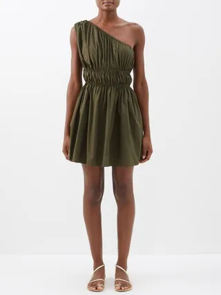 One-shoulder Shirred Organic-cotton Mini Dress