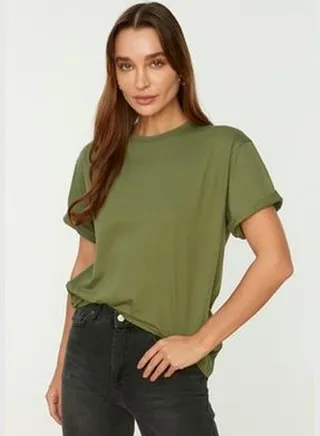 Khaki 100% Cotton Boyfriend/Wide Fit Crew Neck Knitted T-Shirt TWOSS20TS0134