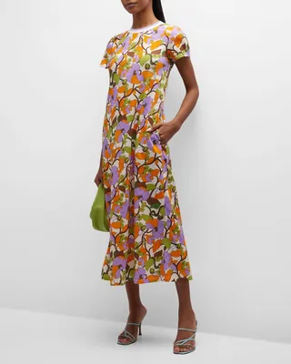 Groovy Floral-Print Sporty Swing Midi T-Shirt Dress