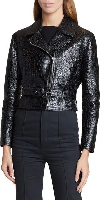 Crocodile Embossed Belted Crop Moto Jacket