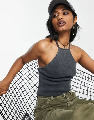 Topshop strappy ribbed wash cami in black