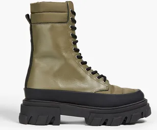 Quilted shell-paneled leather combat boots