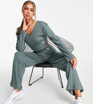 Puma ribbed wrap long sleeve top in deep green