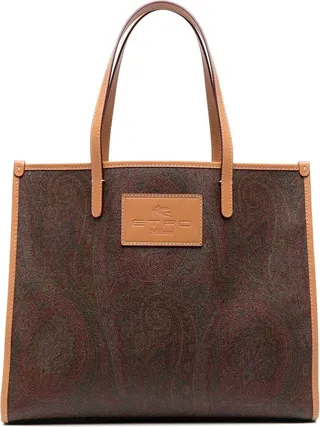 Brown Globetrotter Tote Bag With Pisley Print And Logo Patch In Calf Leather Woman